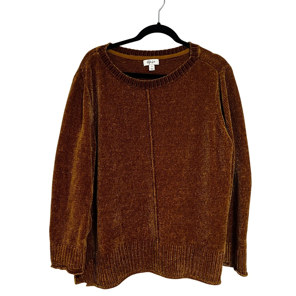 Style & Co Womens 2X Chenille Sweater Mustard Yellow Gold Crew Neck Seam Detail
